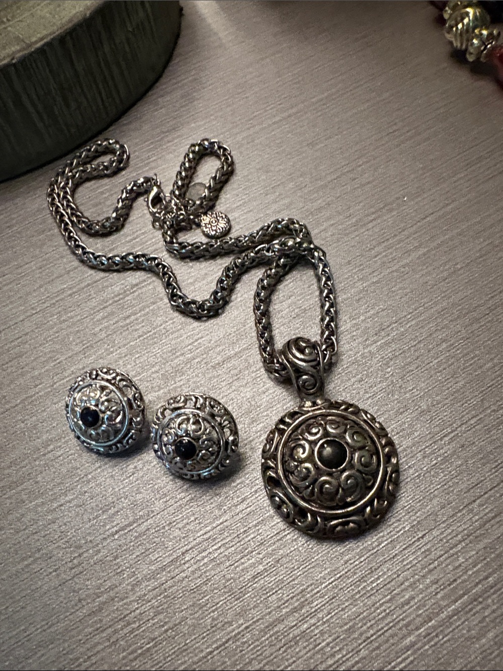 Sterling-Style Ornate Silver Pendant Necklace with Black Stone. heavy medallion